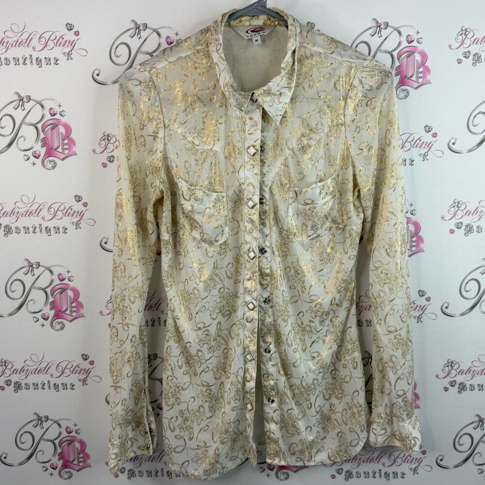 Roper button up shiny shimmer Y2K Gold and Cream Casual Button Down Shirt